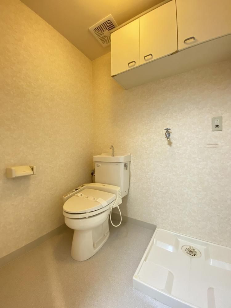 【トイレ】　トイレと室内洗濯機置き場の上段には収納有り
